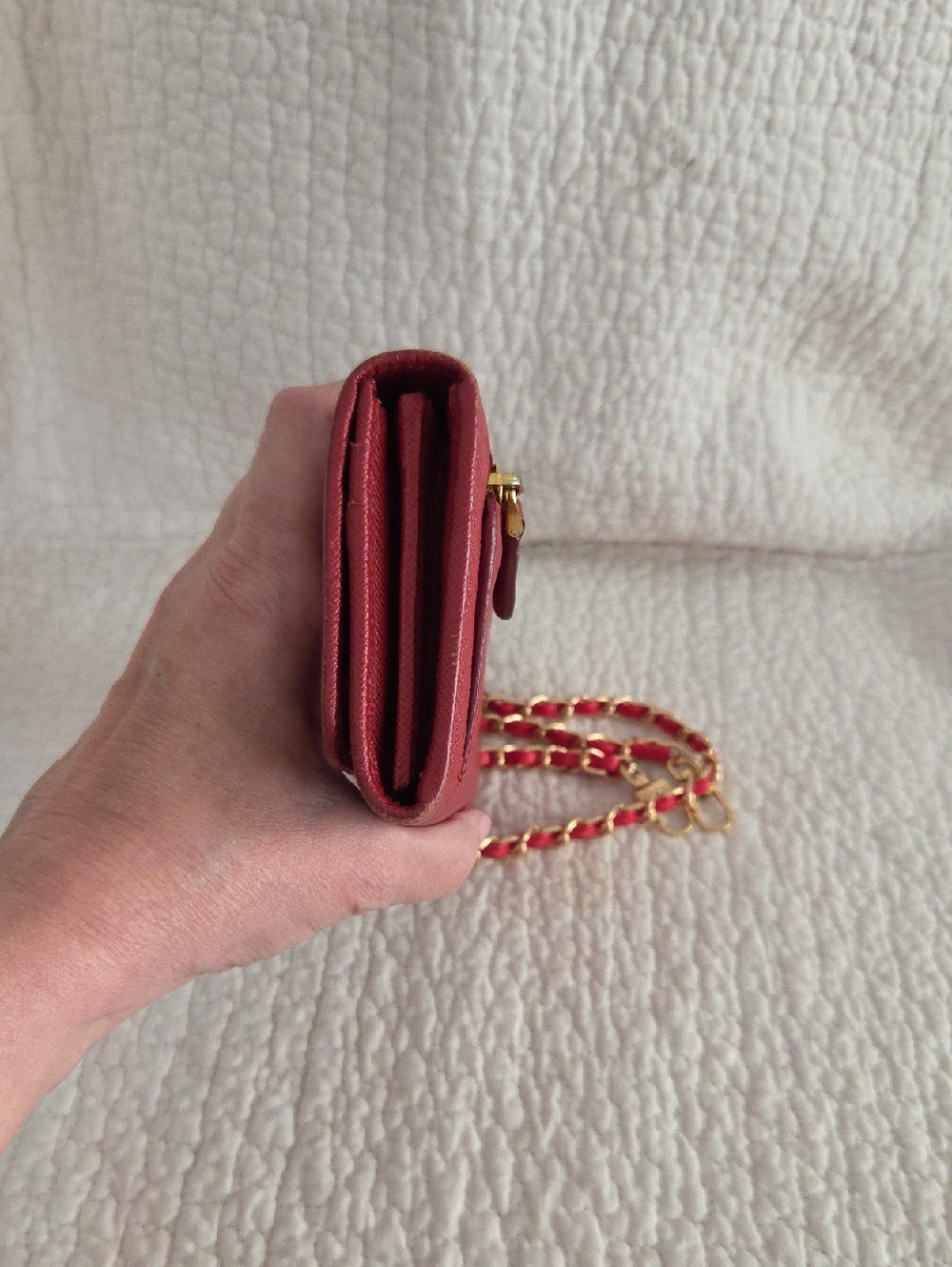Prada Red Saffiano Leather Crossbody with unbranded red and gold chain - Picture 5 of 9